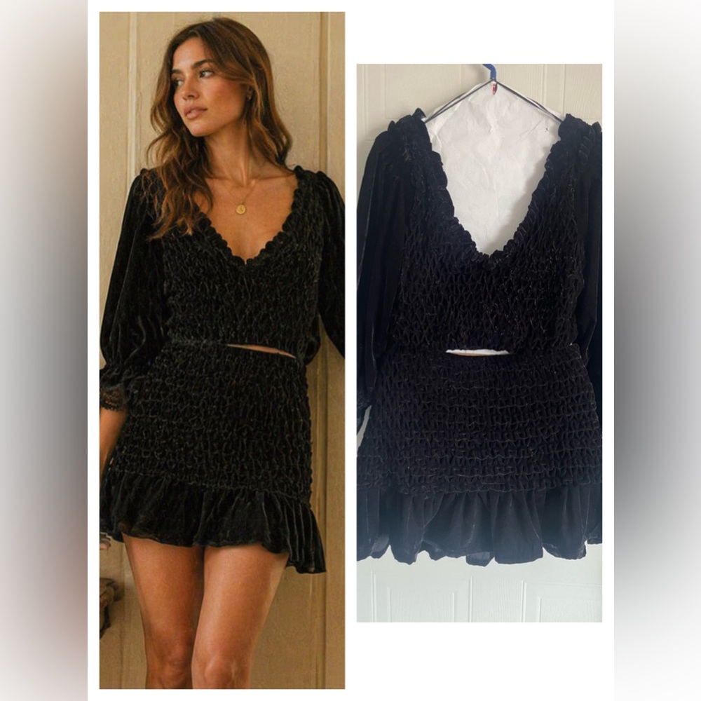 Free People Black Velvet Smocked 2 Piece Set Mini Skirt Top M NWT Whimsigoth